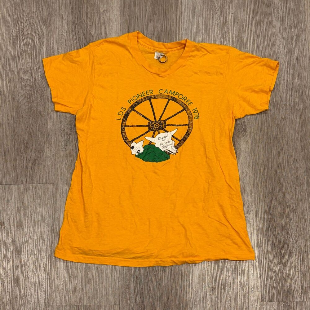 Rare Vintage 70s Hanes LDS Pioneer Camporee 1978 T-Shirt Mens Size Medium Yellow